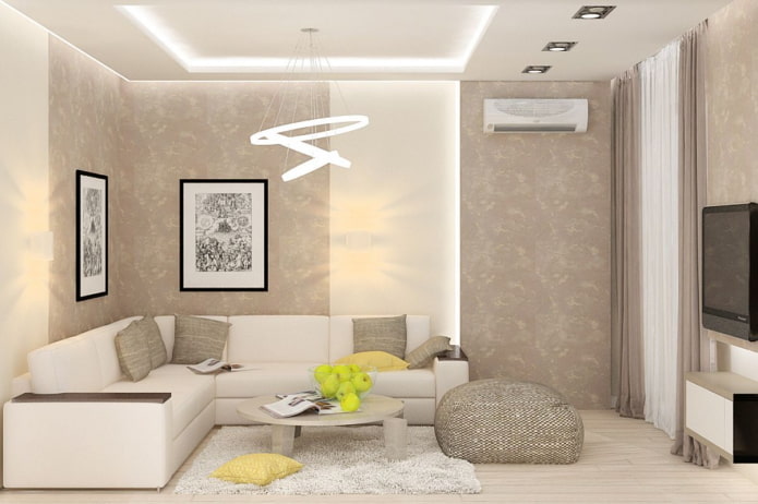 living room interior in white and beige tones