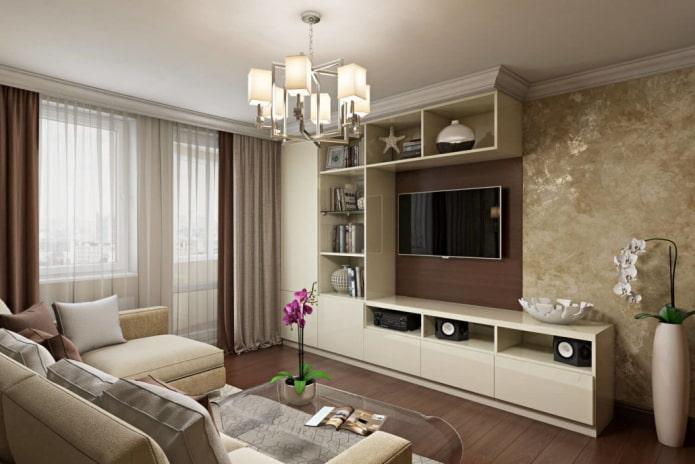 living room interior in brown and beige tones