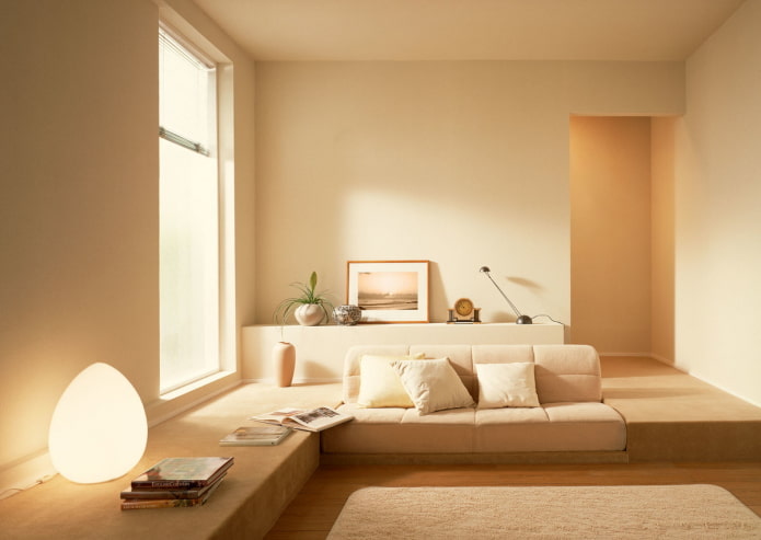 interior of a beige living room in a minimalist style