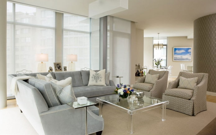 living room interior in gray-beige tones
