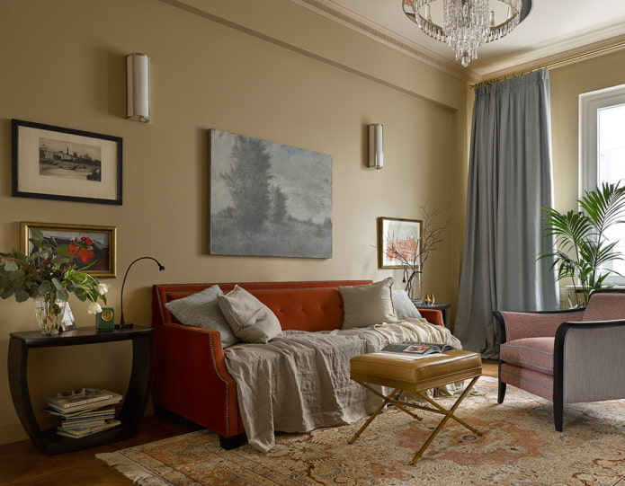 textiles in the interior of the hall in beige shades