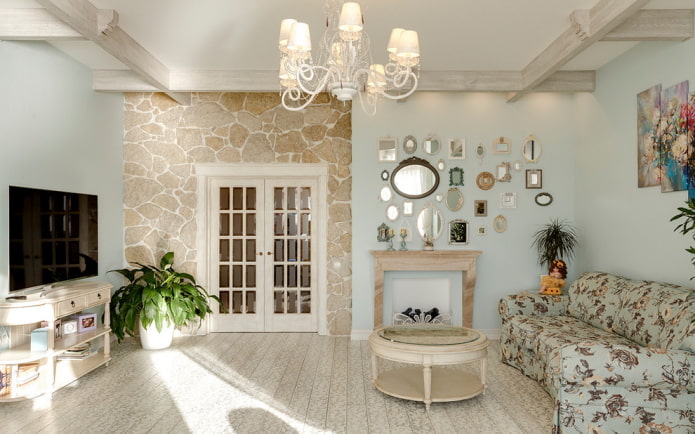 living room interior in beige and blue tones