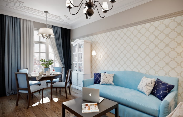living room interior in beige and blue shades