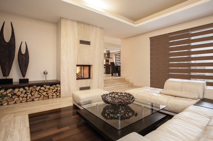finishing floor in the interior of the hall in beige tones