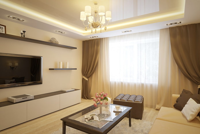 ceiling finish in the interior of the hall in beige shades