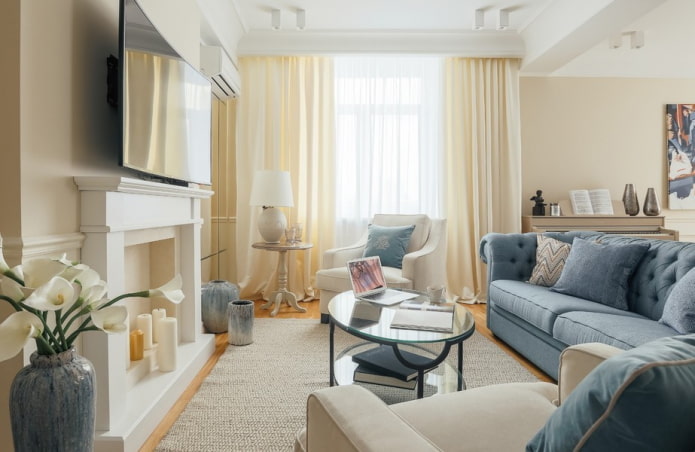living room interior in beige and blue tones