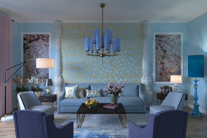 decor and textiles in the interior of a blue living room