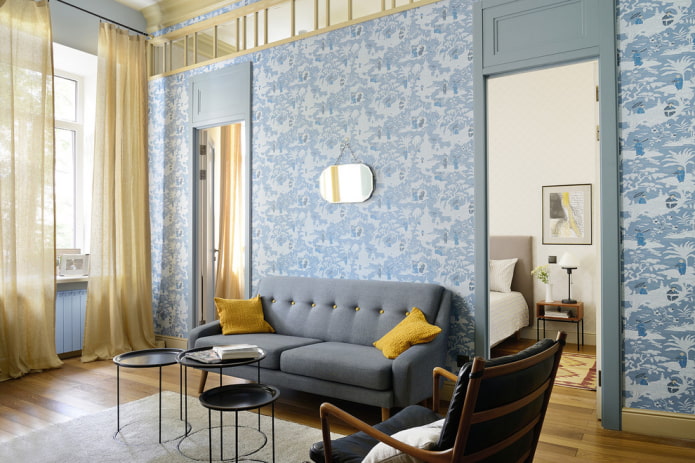 decoration of the interior of a blue living room