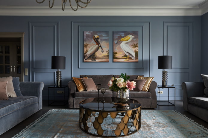decor and textiles in the interior of a blue living room
