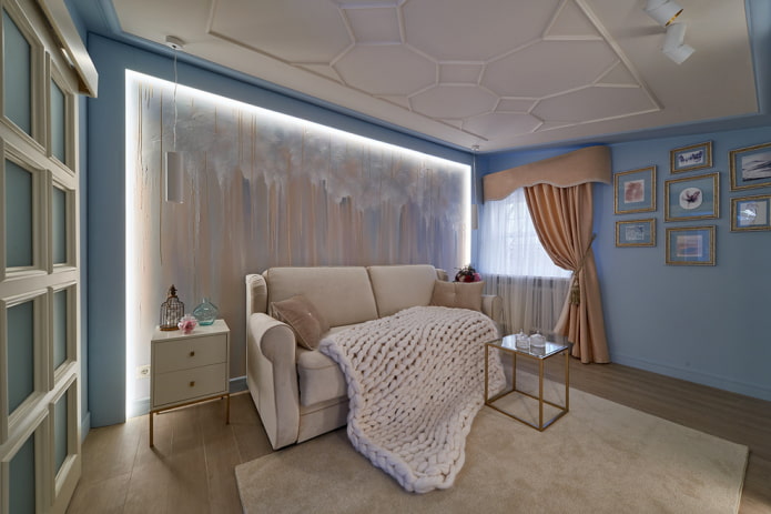 interior of a beige and blue living room
