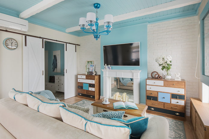 interior of a white and blue living room