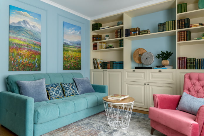 decor and textiles in the interior of a blue living room