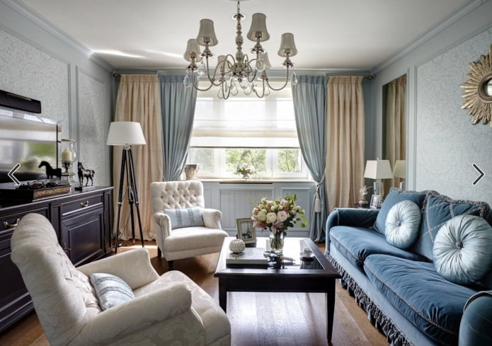 interior of a beige and blue living room