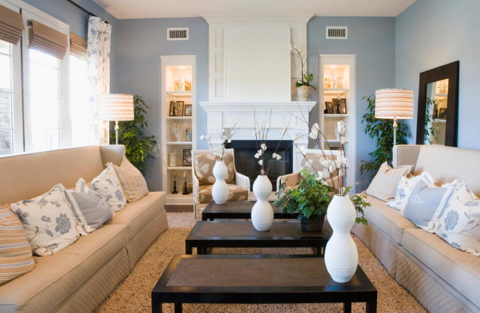 interior of a beige and blue living room