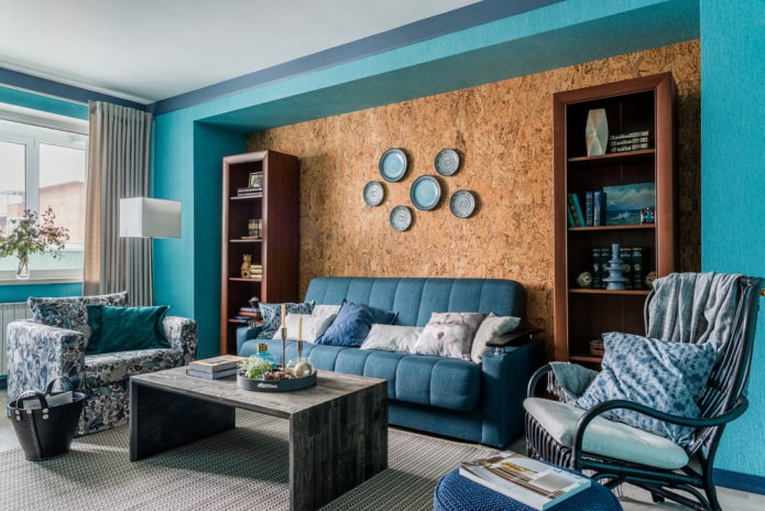 interior of a brown and blue living room