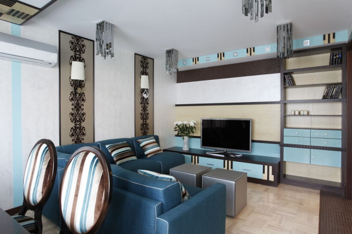 interior of a brown and blue living room