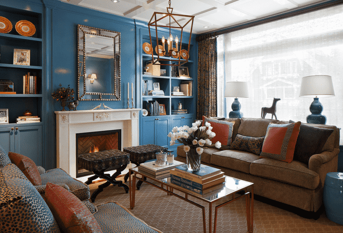 interior of a brown and blue living room