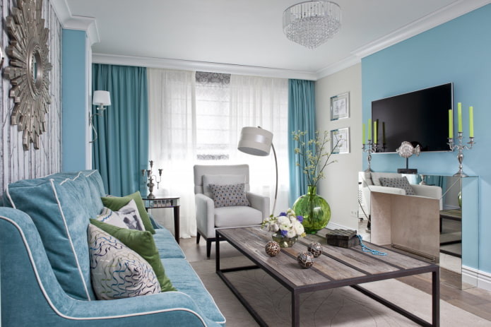 interior of a white and blue living room