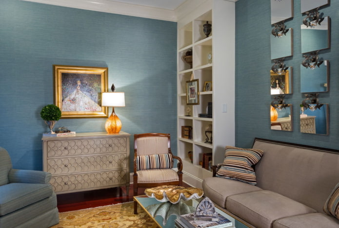 decoration of the interior of a blue living room