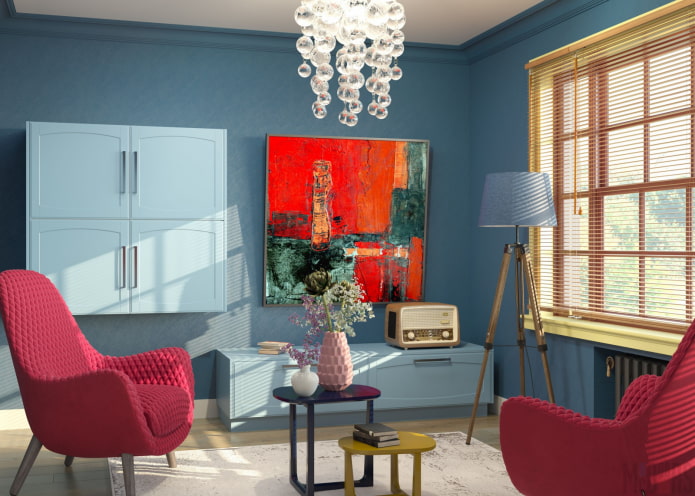 blue living room with bright accents