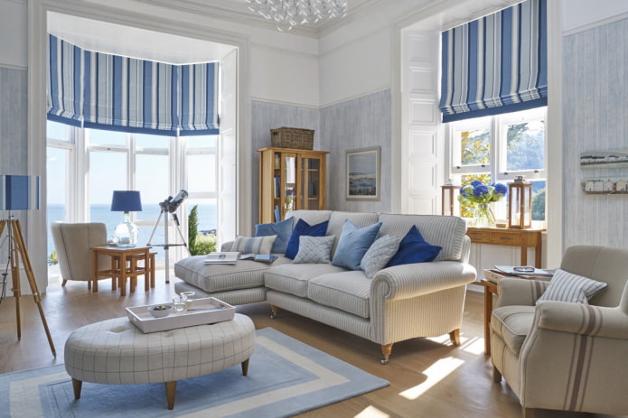 blue living room in Mediterranean style