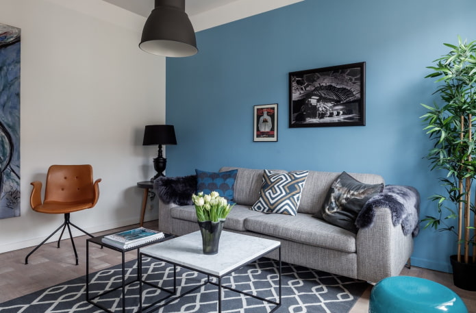 blue living room in Scandinavian style