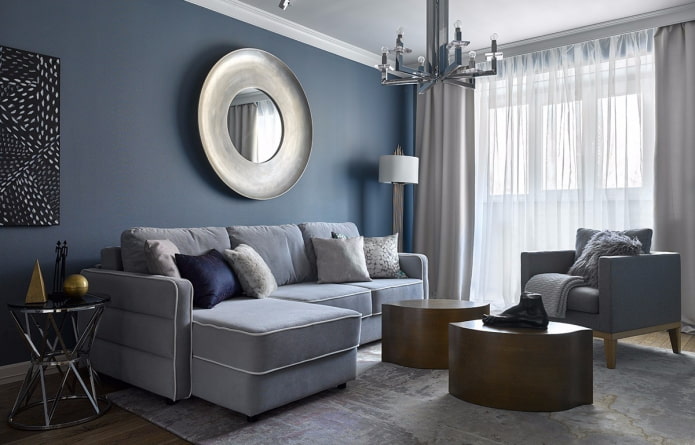 interior of a gray-blue living room