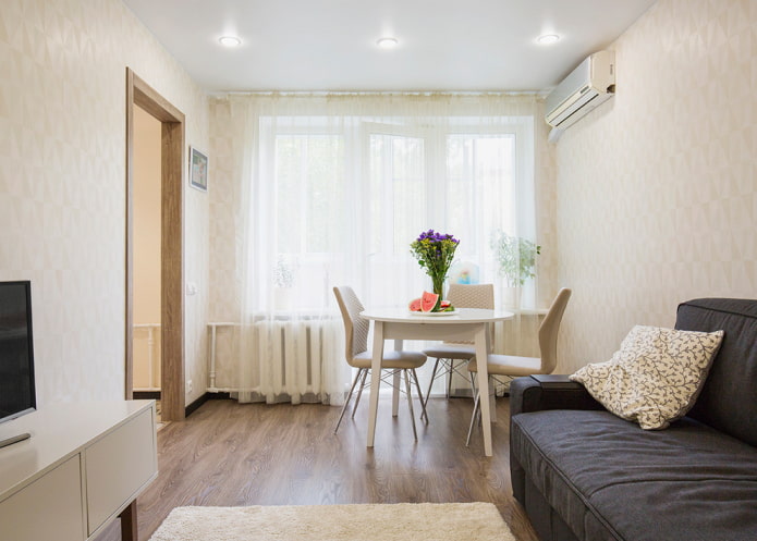 beige living room in the interior of a Khrushchev apartment