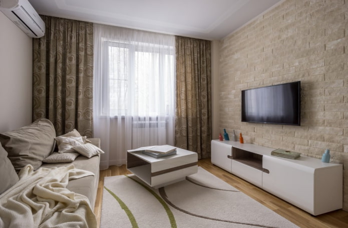 beige living room in the interior of a Khrushchev apartment