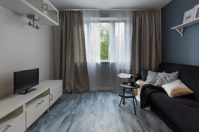 gray living room in the interior of a Khrushchev apartment