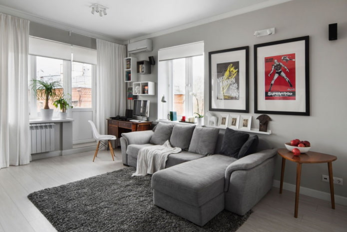 gray living room in the interior of a Khrushchev apartment