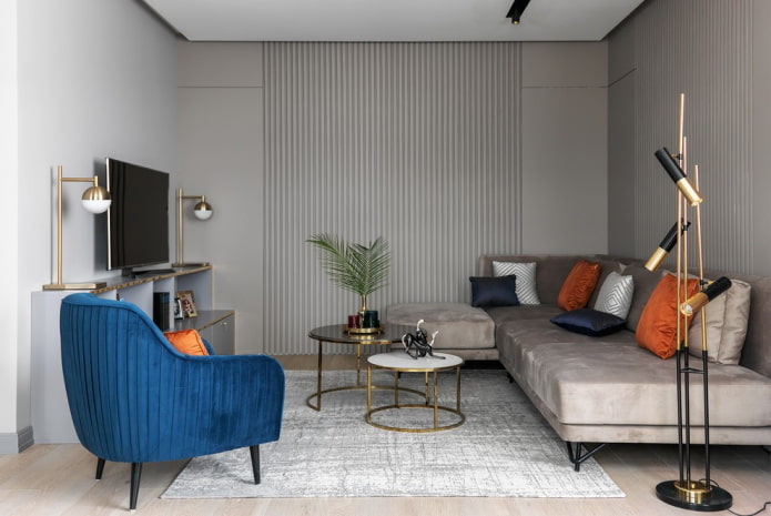 living room interior design in gray tones