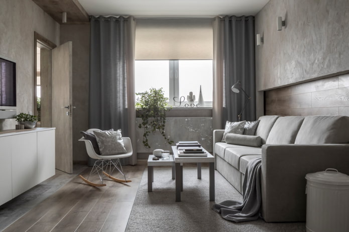finishing in the interior of a gray living room
