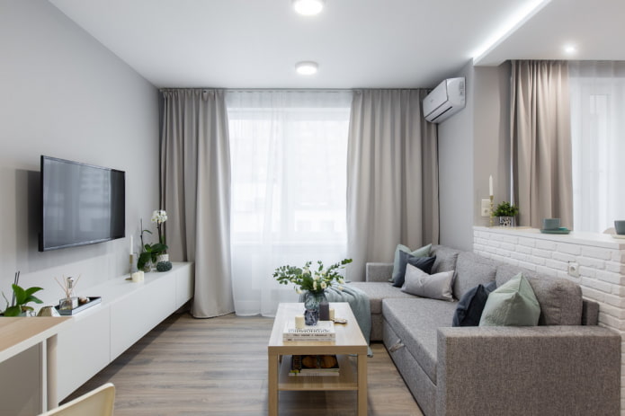 living room interior in gray and white tones