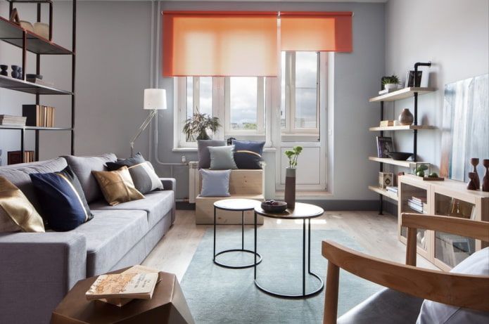curtains in the interior of a gray living room