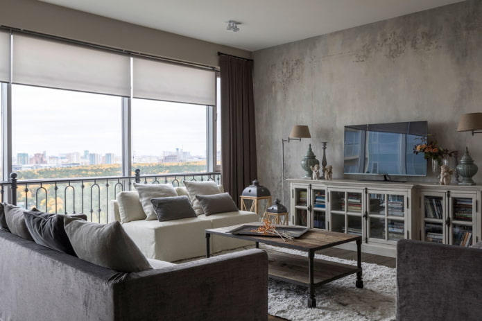 furniture in the interior of a gray living room