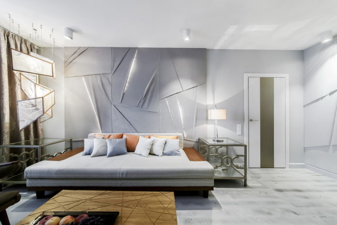 lighting and decor in the interior of a gray living room