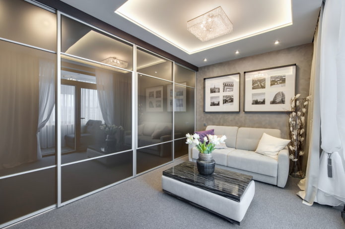 lighting and decor in the interior of a gray living room
