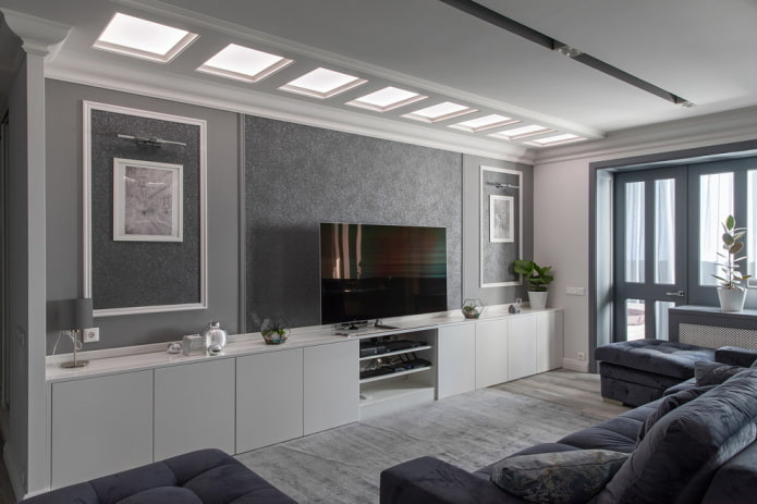 furniture in the interior of a gray living room