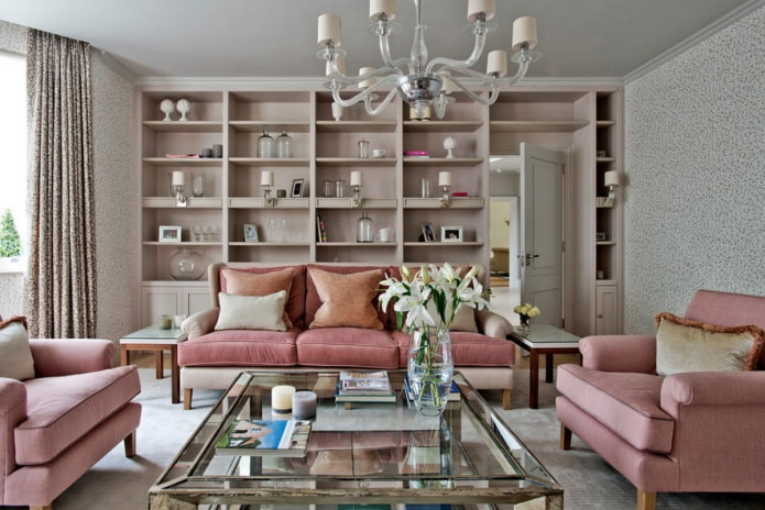 living room interior in gray and pink tones