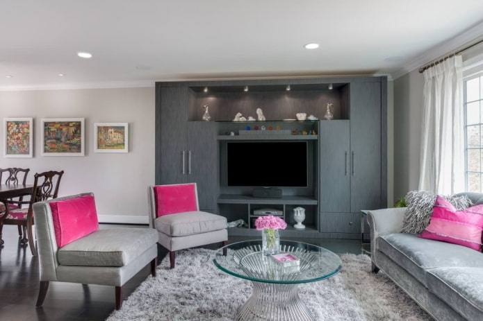 living room interior in gray and pink tones