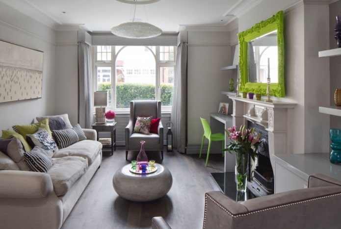 interior of a gray living room with bright accents