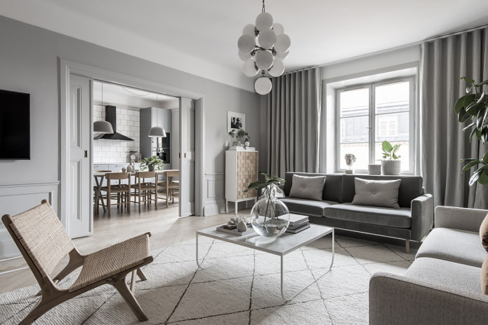 living room interior design in gray shades
