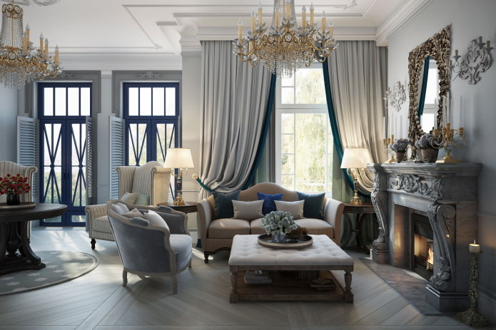 interior of a gray living room in a classic style