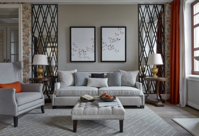 interior of a gray living room in neoclassical style