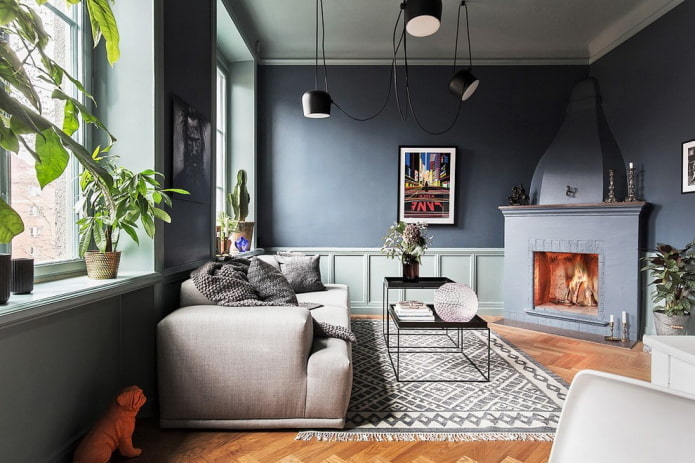 living room interior design in gray shades
