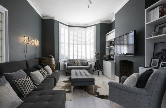 furniture in the interior of a gray living room