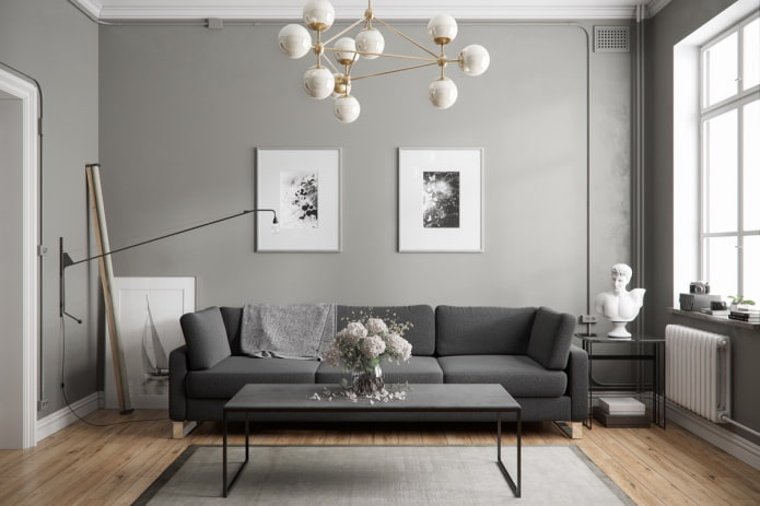 living room interior design in gray tones