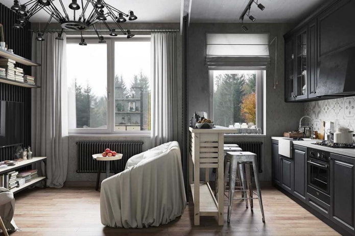 interior of a gray living room in a loft style