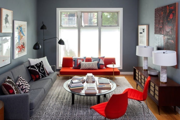 furniture in the interior of a gray living room